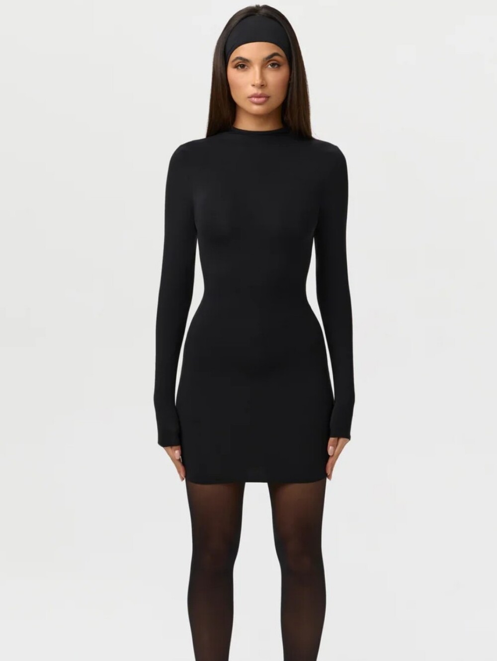 Naked Wardrobe Mock Neck Black Long Sleeve Ribbed Stretch Bodycon Dress - Picture 2 of 11